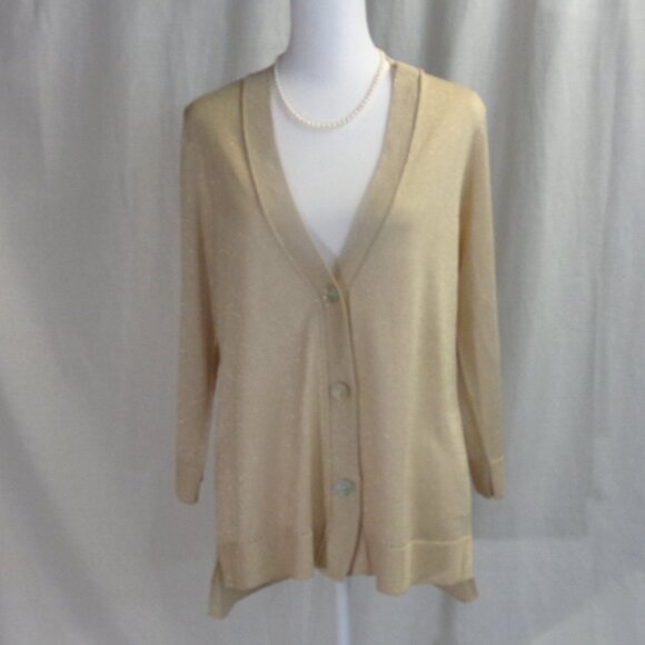 Chico's Size 1 U.S. Size Medium (8) Beige and Gold Button Front Cardigan - Picture 1 of 12